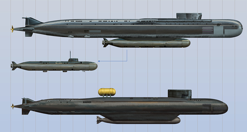 Infografía de los submarinos Belgorod, del minisubmarino Losharik (adosado al anterior) y del Podmoskovye. Rusia mantiene ladel minisub flota de submarinos espía y de cometidos especiales más amplia de mundo.