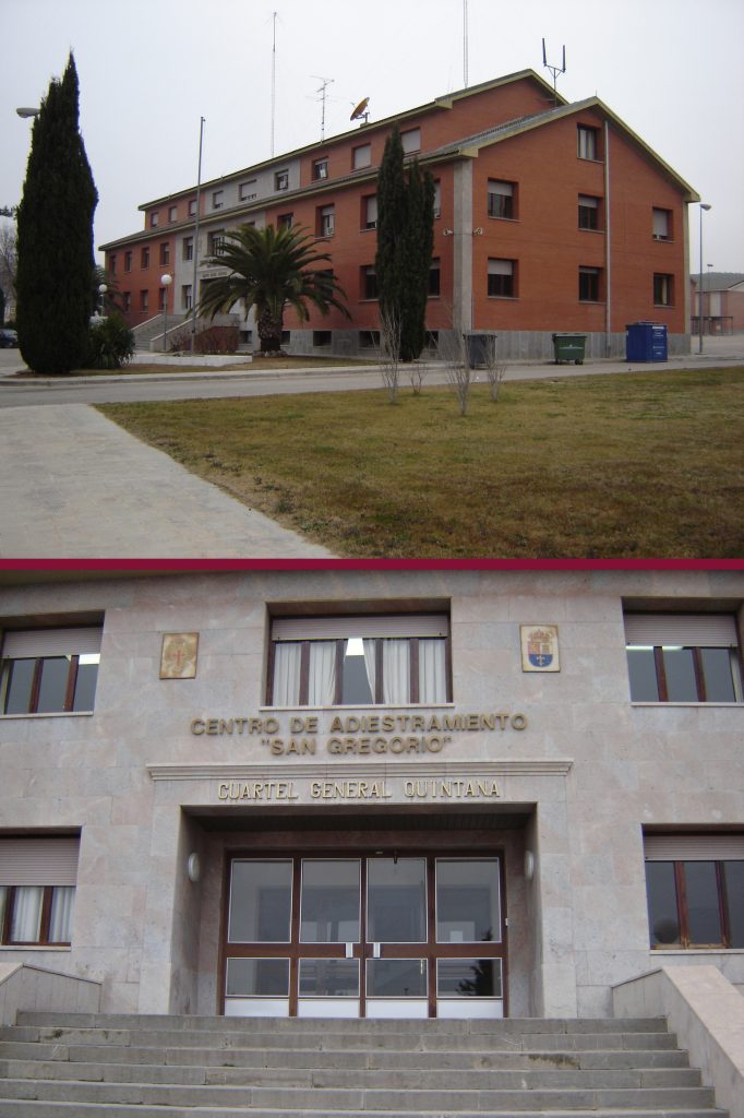 Edificio de mando del CENAD "San Gregorio" y detalle de la entrada principal (abajo). Autor - Francisco P. Fernández Mateos.