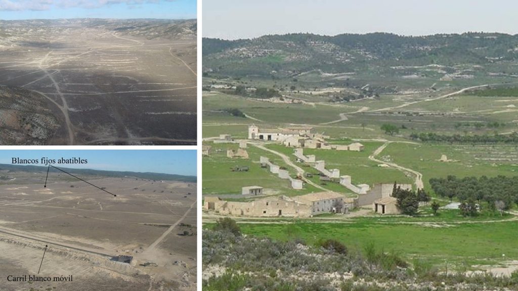 Campos de tiro para instrucción de tripulaciones de Boyero (arriba) y para adiestramiento de sección (Cosaco), y zona de combate en poblaciones de Casas Altas (derecha). Fuente - Francisco P. Fernández Mateos.