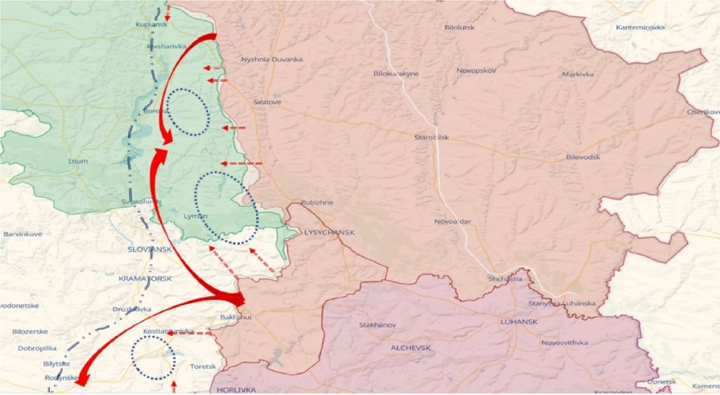 Ilustración en base a la situación de los Frentes Norte y Este a 28/01/2023 representando el escenario teórico planteado en caso de que las fuerzas rusas fuesen capaces de obtener una ruptura y explotación al Oeste de la línea operacional actual. Fuente - Elaboración propia.