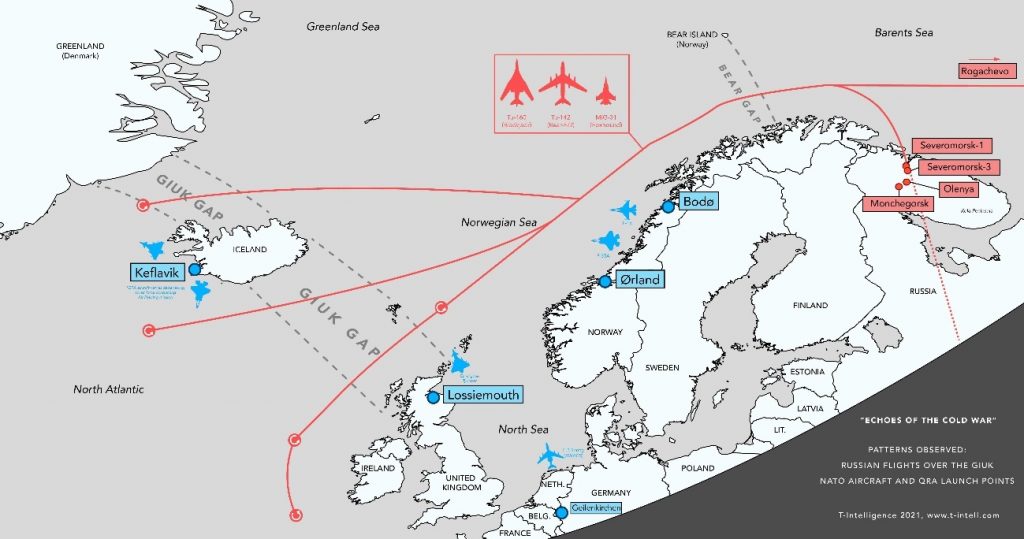 Mapa del GIUK Gap y el Mar de Noruega, ilustrando la posición de Escocia y las incursiones realizadas por aviones rusos en la zona. Fuente - T-Intelligence.