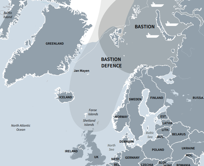 Mapa del Atlántico Norte y el Mar de Noruega, mostrando el área que abarca la estrategia de bastión rusa. Fuente - RUSI.