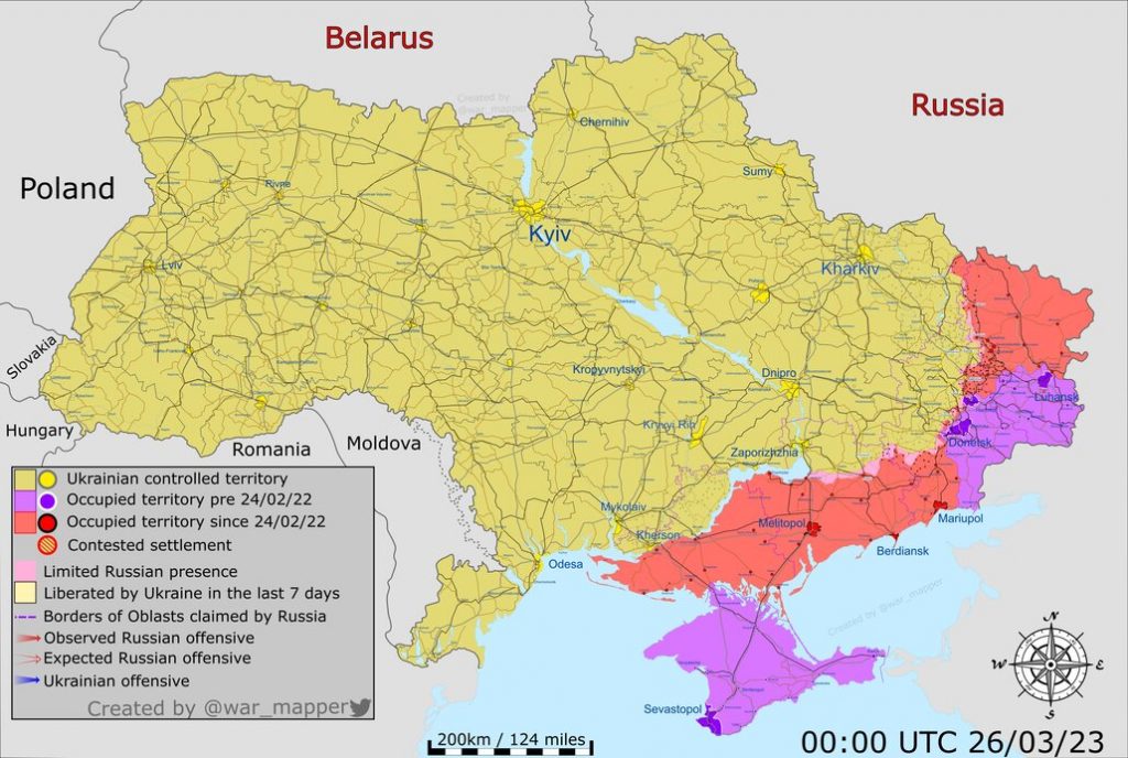 Mapa de situación actualizado a 26 de febrero de 2023. Fuente - @War_Mapper.