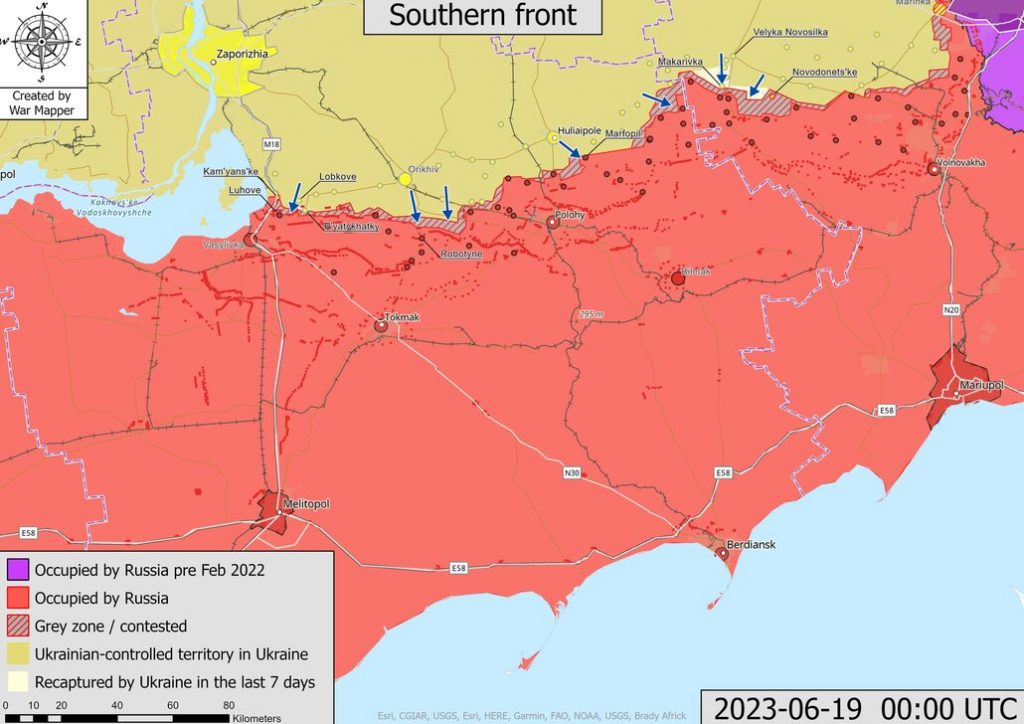 Mapa de situación del sector meridional del frente actualizado a 20 de junio de 2023. Fuente - @War_Mapper.