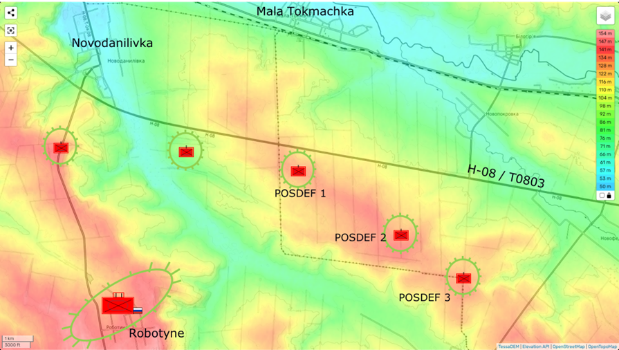 Posiciones defensivas rusas en el eje de orihiv-Tokmak. Fuente - Elaboración propia sobre el mapa topográfico de topographic-map.com.