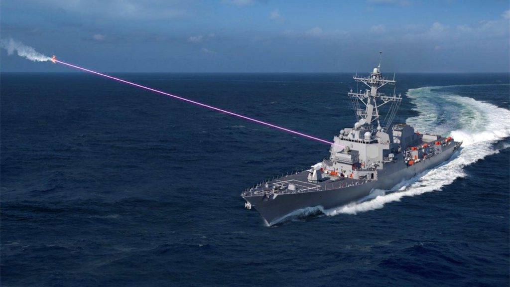 Imagen promocional del sistema láser HELIOS en un DDG-51 Arleigh Burke de la US Navy. Fuente - Lockheed Martin.