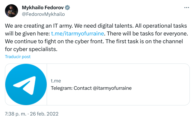 Tweet del ministro ucraniano Mykhailo Federov anunciando la creación del IT-Army of Ukraine. Fuente - @FedorovMykhailo.