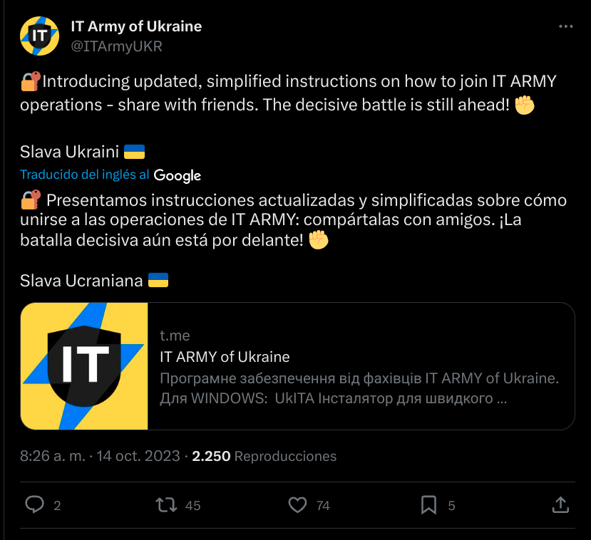 Instrucciones sobre cómo participar en las operaciones del IT-Army. Fuente - @ITArmyUKR.