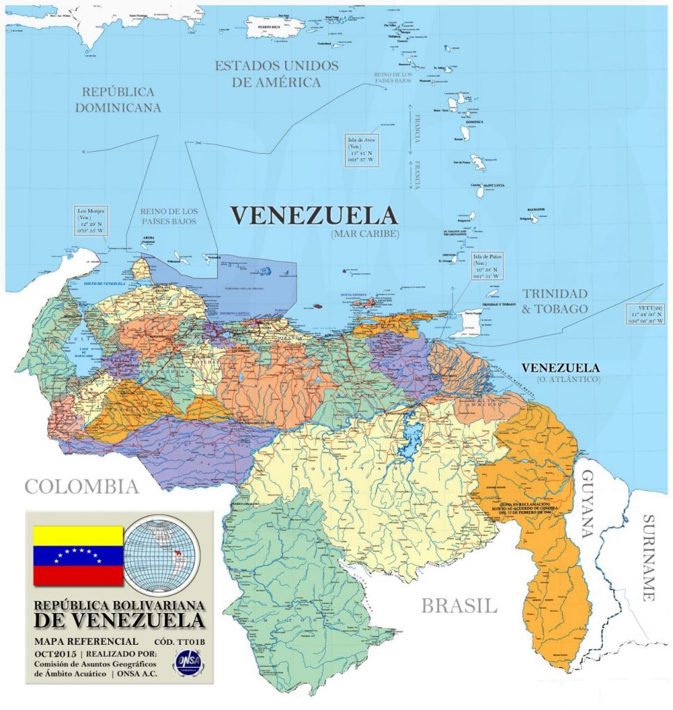 Mapa geográfico de Venezuela con la región disputada del Esequibo