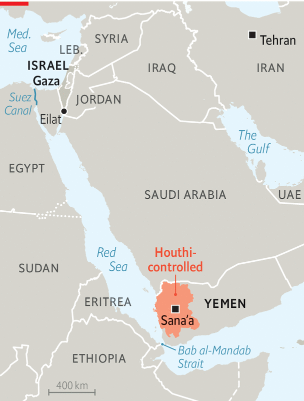 Mapa de la región ilustrando el territorio controlado por los hutíes dentro de Yemen. Fuente - The Economist.