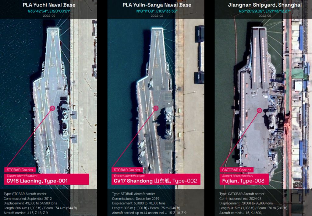 Los tres portaaviones chinos actualmente en servicio a vista de pájaro