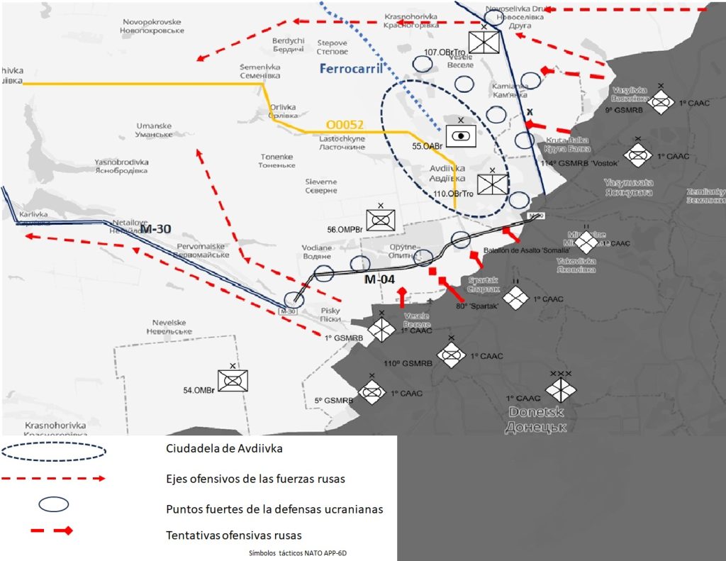 Mapa de situación en el AO Avdíivka a 24/02/2022 creado por el autor. Las unidades de milicianos de la RPD serán expresadas por su nomenclatura a 10/07/2024, tras ser absorbidas por las VSRF el 31/12/2022