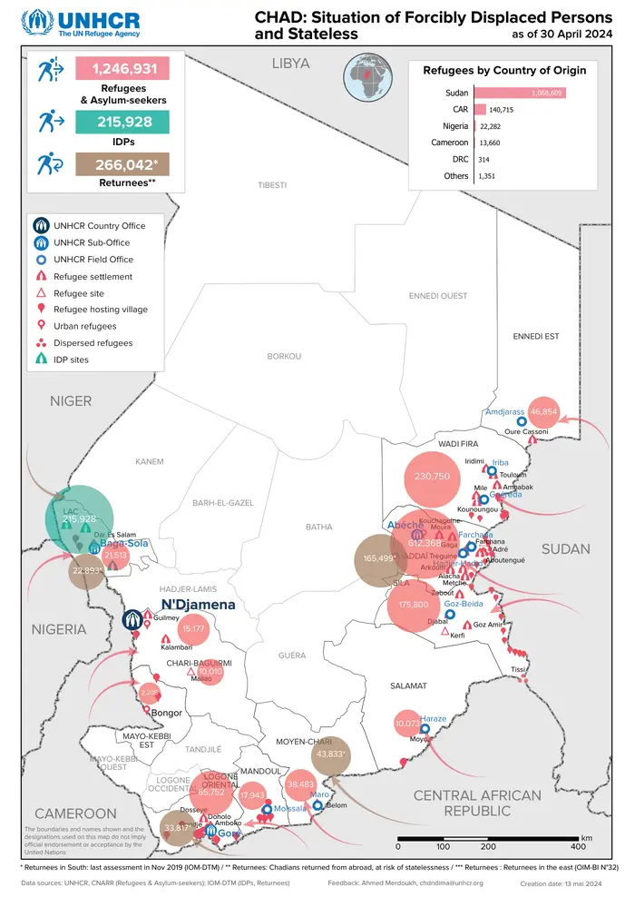 Mapa con los datos de desplazados forzosos y refugiados en Chad. Fuente: ACNUR