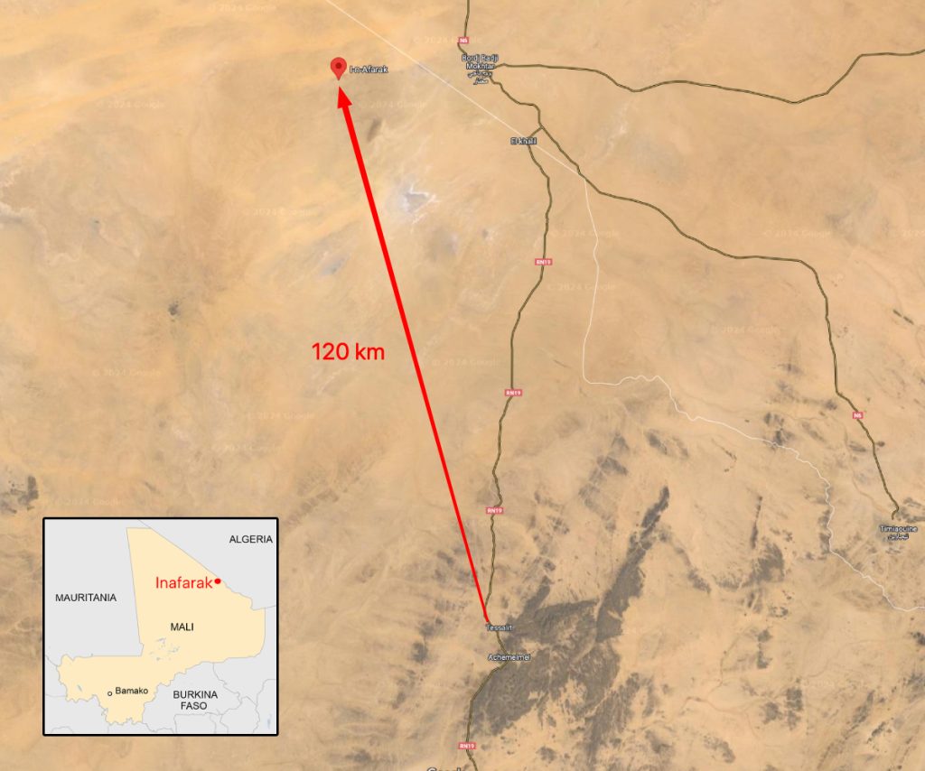 Distancia entre tessalit e Inafarak, cerca de la frontera entre Mali y Argelia. Fuente: Elaboración propia a partir de una imagen de Google Maps.