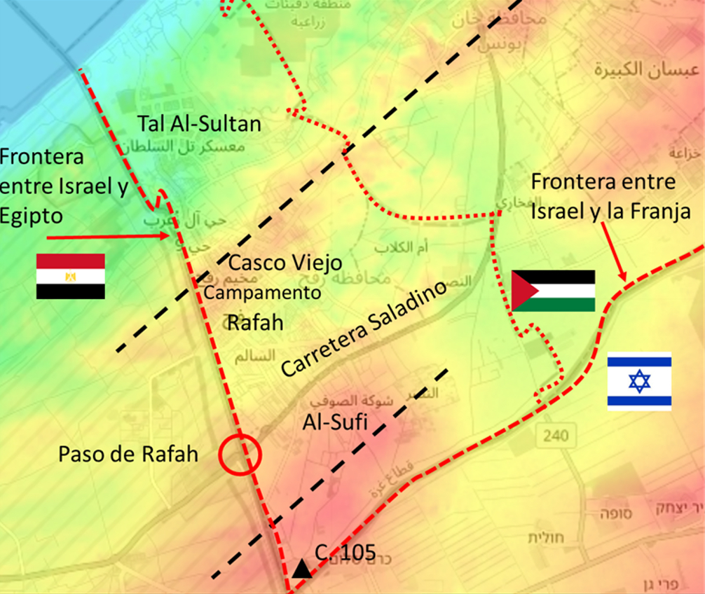 El terreno en el que tuvo lugar la batalla de Rafah se caracteriza por la práctica inexistencia de cotas significativas, la presencia de la costa al oeste y por estar atravesado por la carretera de Saladino. Fuente: Elaboración propia.