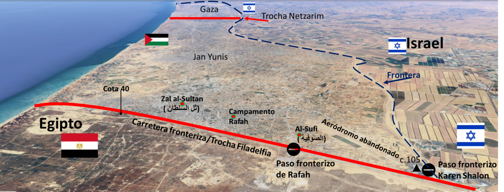 La línea fronteriza en el lado de la Franja tiene como punto característico la cota 40, una loma suave pero que se destaca y permite la observación sobre la frontera y Rafah.