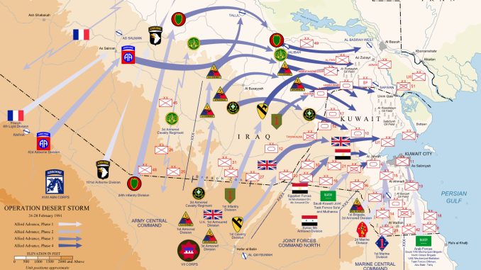 Mapa de las operaciones terrestres de la operación "Tormenta del Desierto"