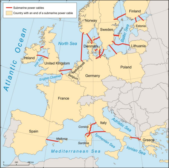 Mapa 2: principales rutas de cables submarinos de electricidad en Europa